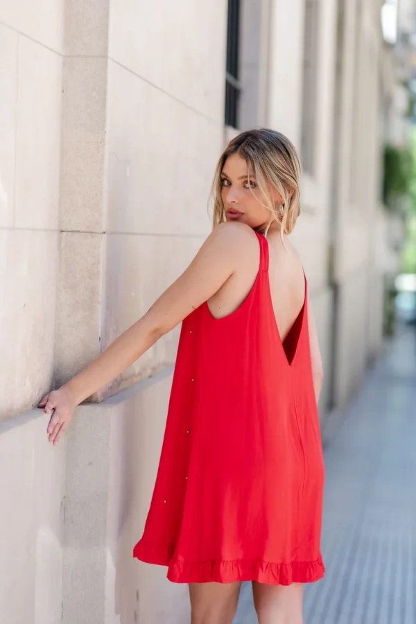 VESTIDO ESCOTE V CON PERLAS SALPICADAS - Imagen 4
