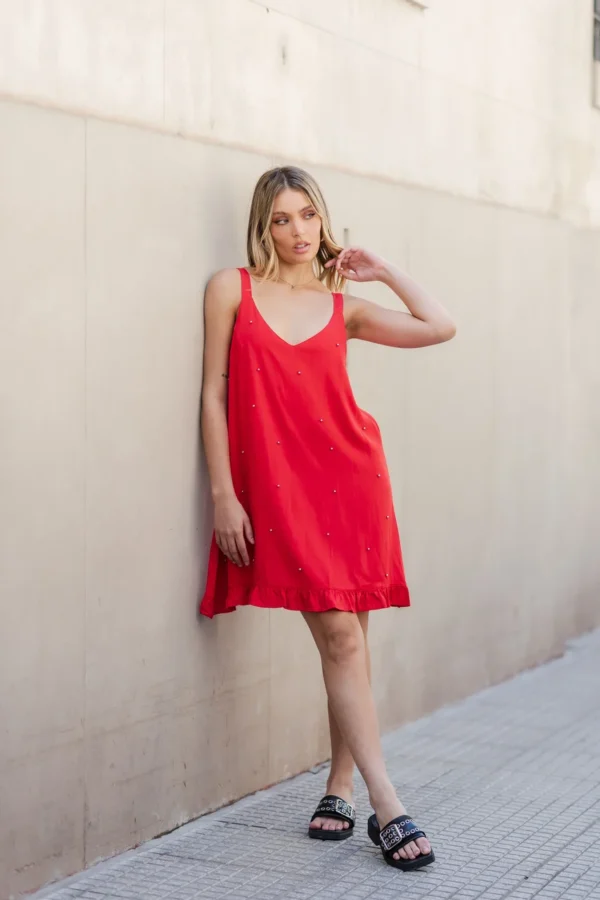VESTIDO ESCOTE V CON PERLAS SALPICADAS - Imagen 3