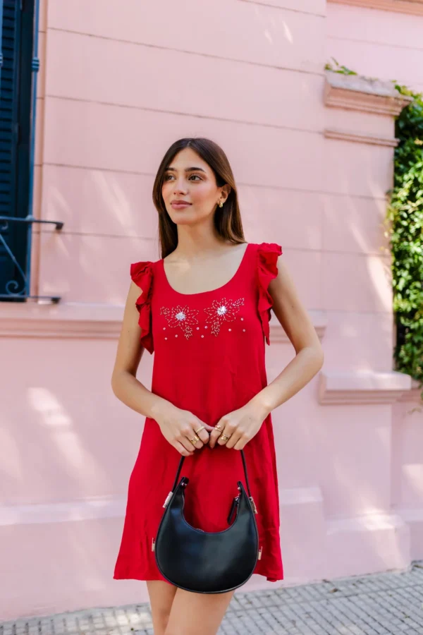 VESTIDO CORTO CON FLOR, BORDADO A MANO - Imagen 2