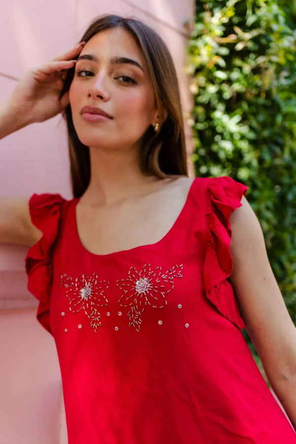 VESTIDO CORTO CON FLOR, BORDADO A MANO - Imagen 3